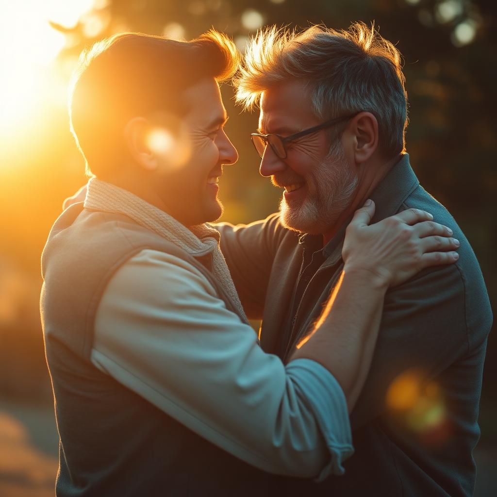 Two men embracing at sunset